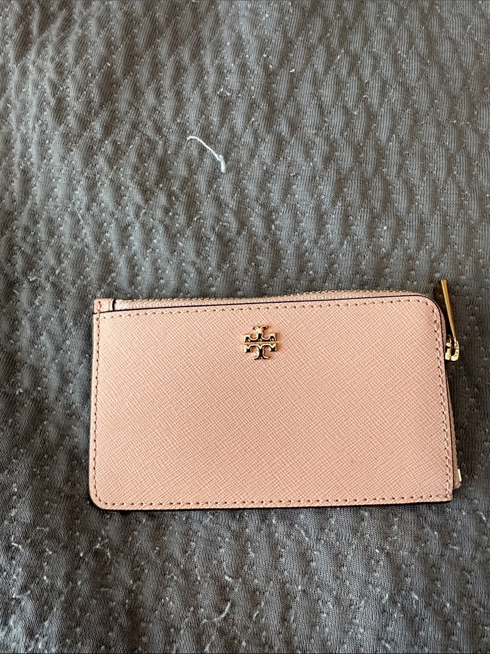 Tory Burch Blush Pink Saffiano Zip Card Wallet with Gold Logo - Picture 1 of 3